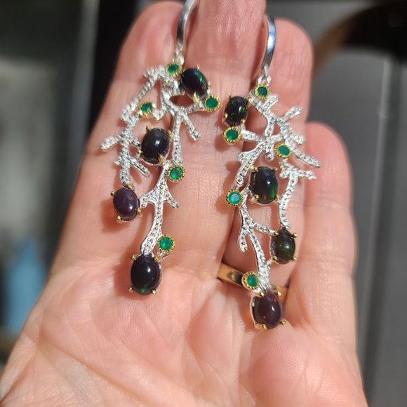 Black Opal & Crome diopside sterling & gold coral chandelier earrings - Picture 8 of 11